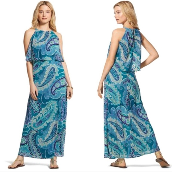 Chico's Sleeveless Halter Ocean Paisley Bib Maxi Dress Womens 3 XL Coastal Boho - Picture 1 of 14